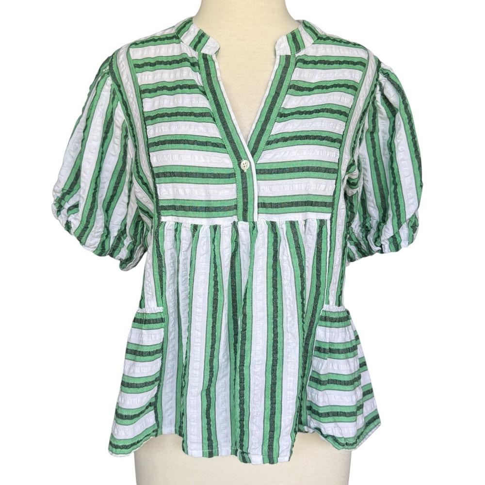 THML Anthropologie Green White Striped Puff Sleeve Split Neck Top Women's XS